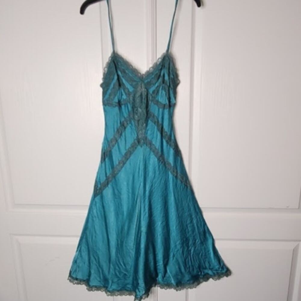 Vintage Turquoise Teal Silk Beaded Halter Slip Dress Size Medium - Picture 1 of 7